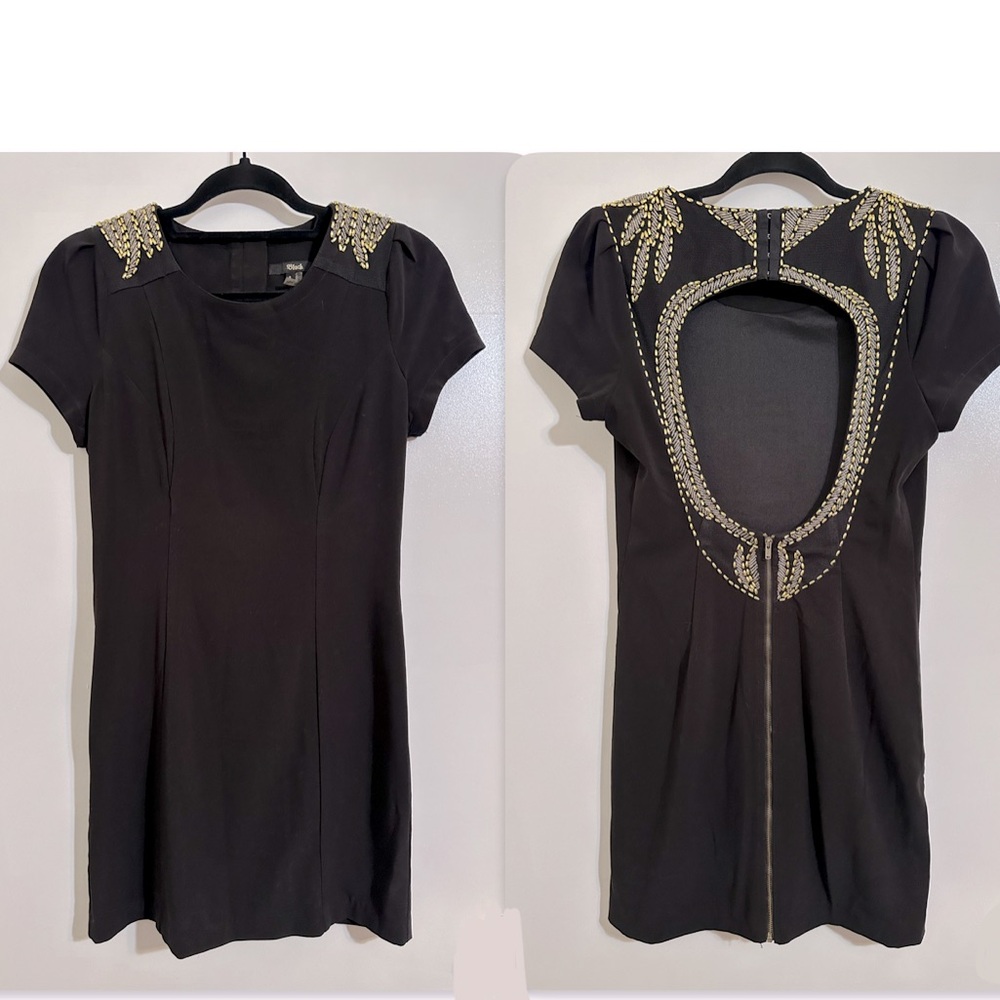 EUC BLACK Beaded Open Back Zippered Short Sleeve Mini Swing Dress